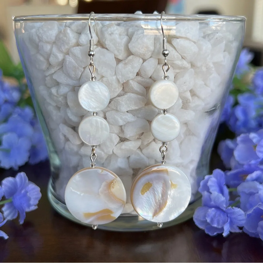 Handmade Natural Shell Dangle Drop Earrings Sterling Silver Ear Hook 2.75 Inches